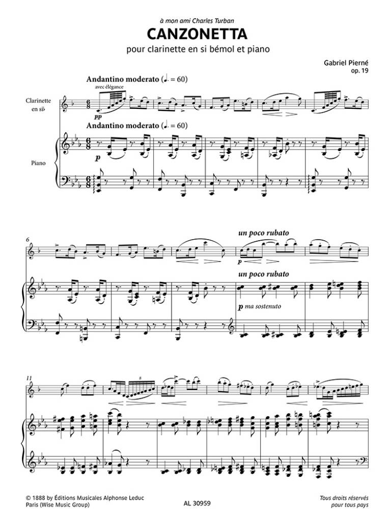 Gabriel Pierné: Canzonetta Opus 19: Clarinette et Accomp.