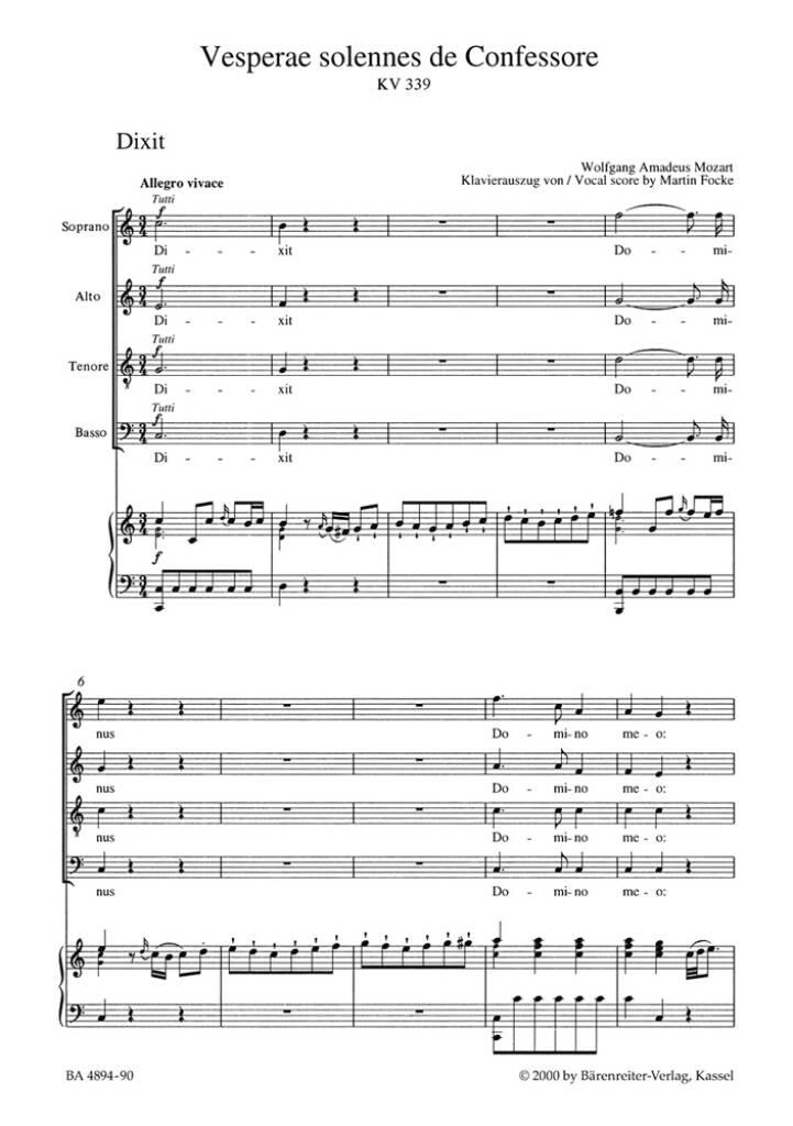 Wolfgang Amadeus Mozart: Vesperae Solennes De Confessore K.339: Chœur Mixte et Ensemble