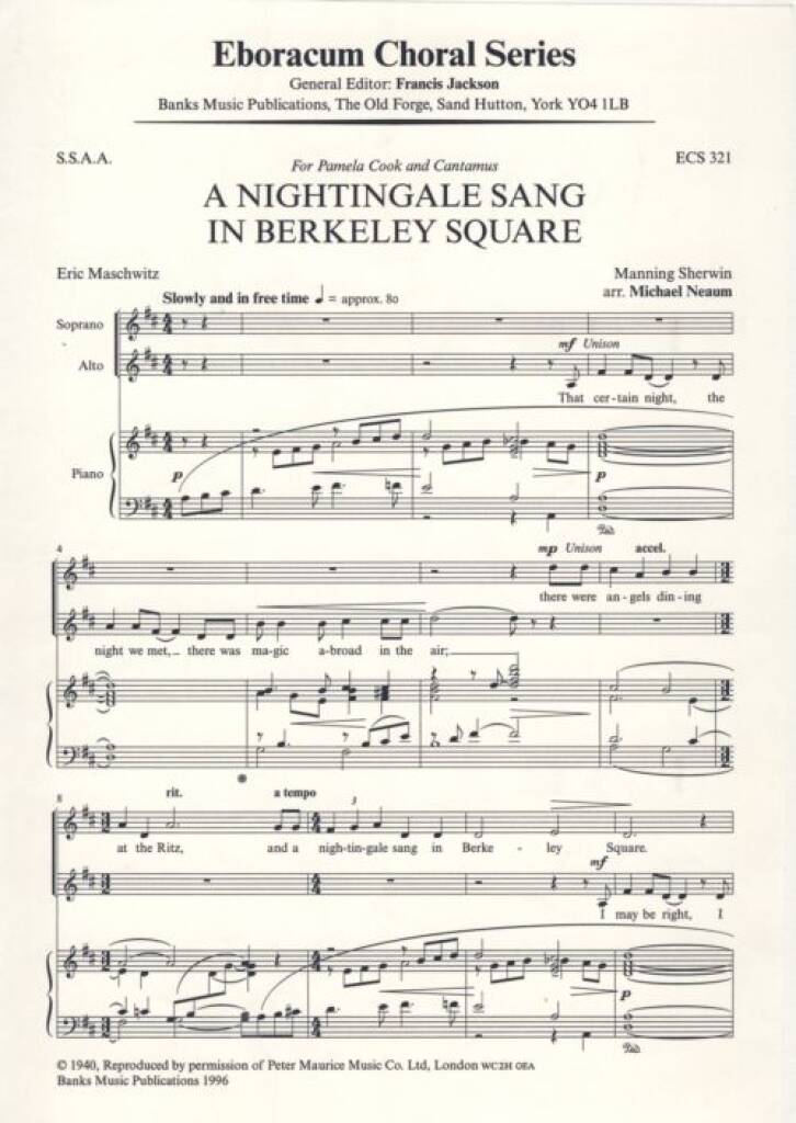 Sherwin Manning: A Nightingale Sang In Berkeley Square: (Arr. Michael Neaum): Voix Hautes et Piano/Orgue