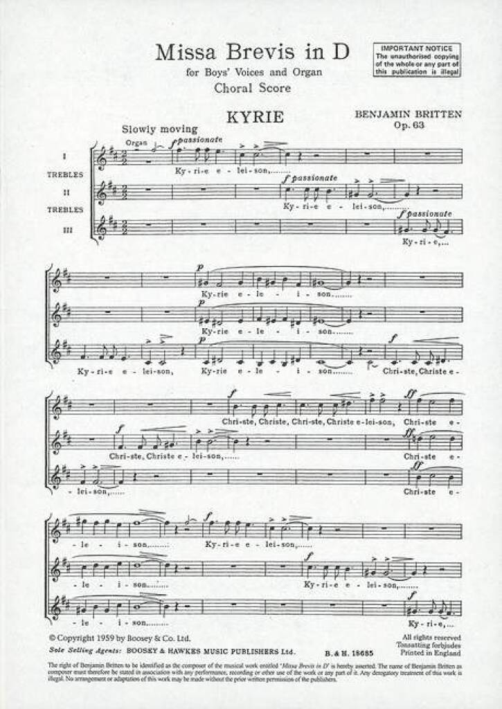 Benjamin Britten: Missa Brevis in D op. 63: Chœur d'enfants et Piano/Orgue