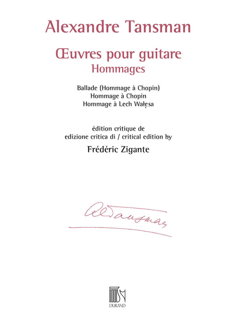 Alexandre Tansman: œuvres pour guitare - Hommages: Solo pour Guitare