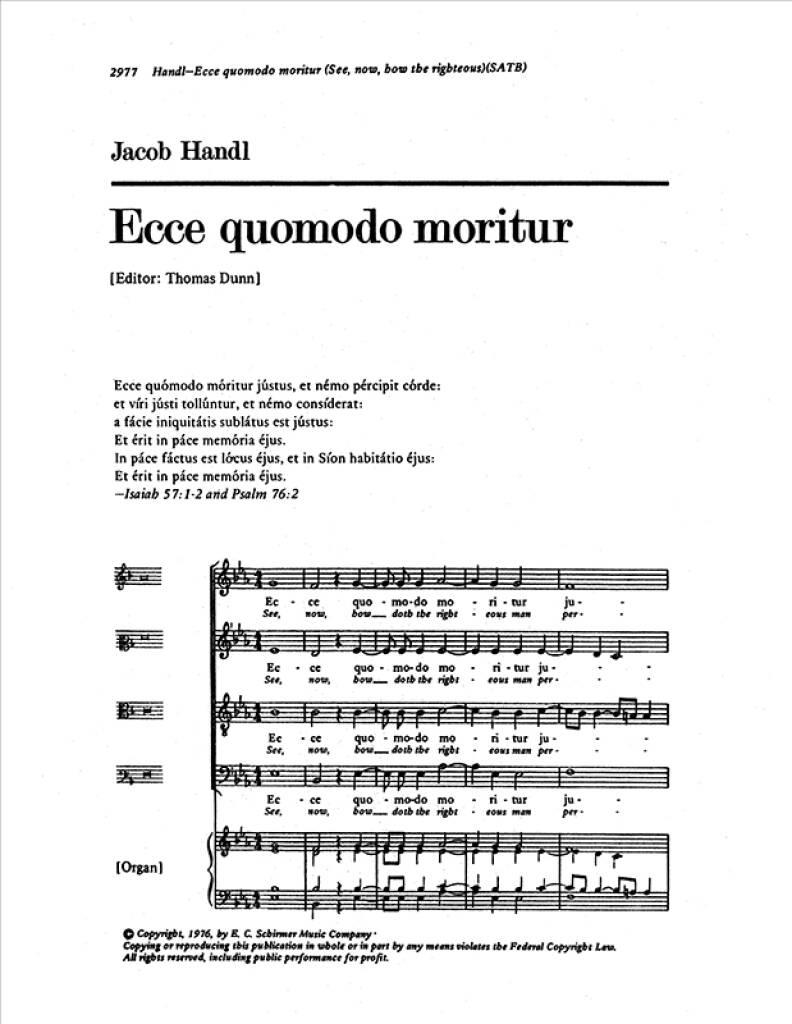 Jacob Handl: Ecce, quomodo moritur: Chœur Mixte et Accomp.