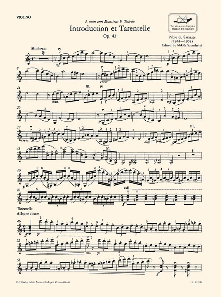 Pablo de Sarasate: Introduction Et Tarantelle Op. 43: Violon et Accomp.
