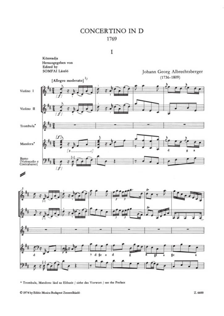Johann Georg Albrechtsberger: Concertino in D (1769) MR 21 per trombula (flauto): Orchestre et Solo