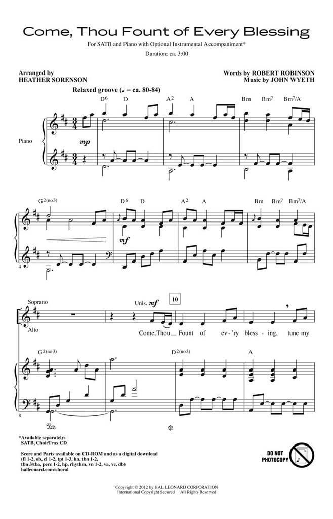 Robert Robinson: Come, Thou Fount of Every Blessing: (Arr. Heather Sorenson): Chœur Mixte et Accomp.