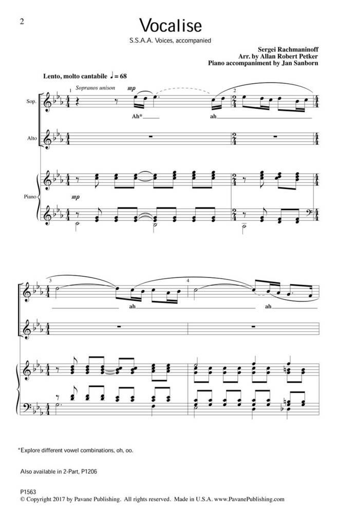 Sergei Rachmaninov: Vocalise: (Arr. Allan Robert Petker): Voix Hautes et Accomp.