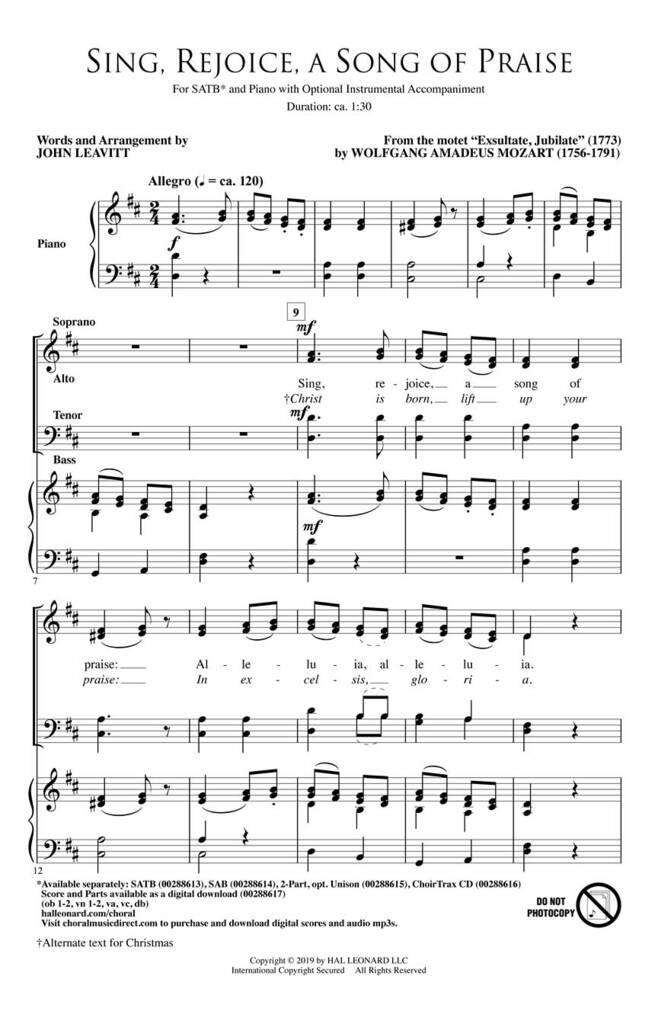 Wolfgang Amadeus Mozart: Sing, Rejoice, a Song of Praise: (Arr. John Leavitt): Chœur Mixte et Accomp.