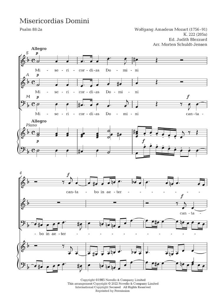Wolfgang Amadeus Mozart: Misericordias Domini: (Arr. Morten Schuldt-Jensen): Chœur Mixte et Piano/Orgue