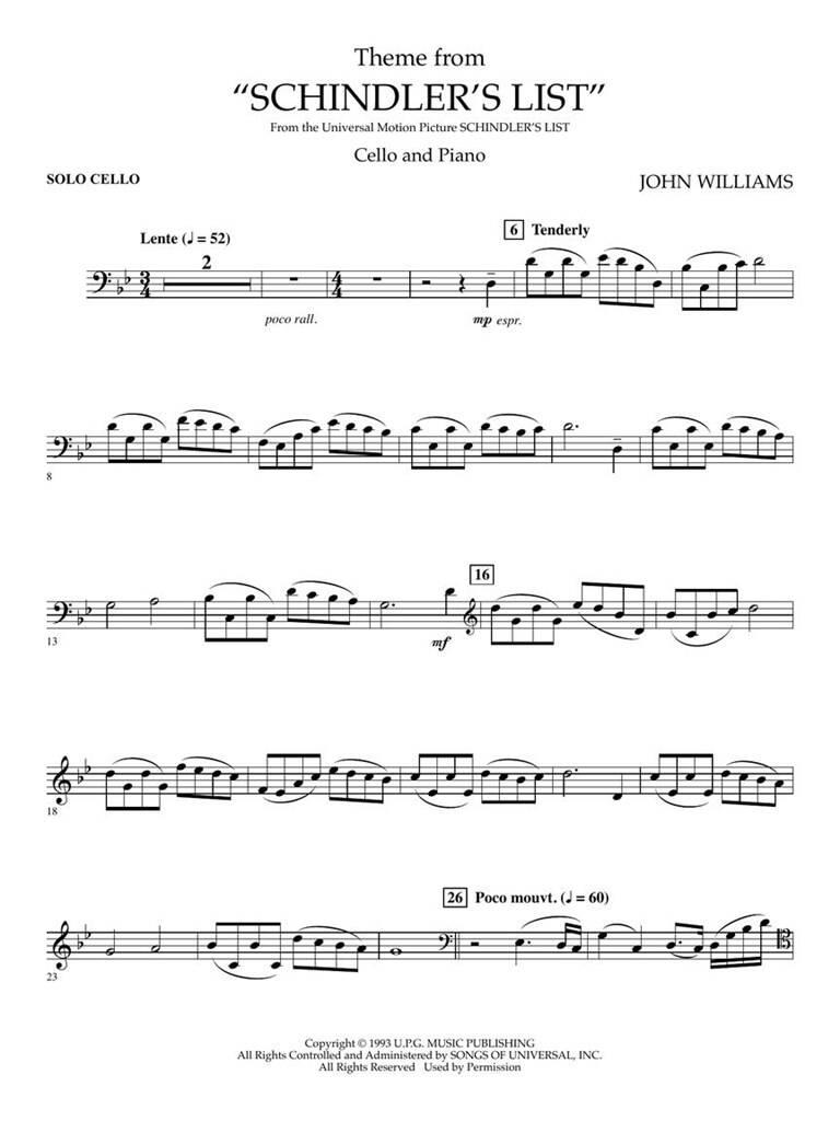 John Williams: Theme from Schindler's List: Violoncelle et Accomp.