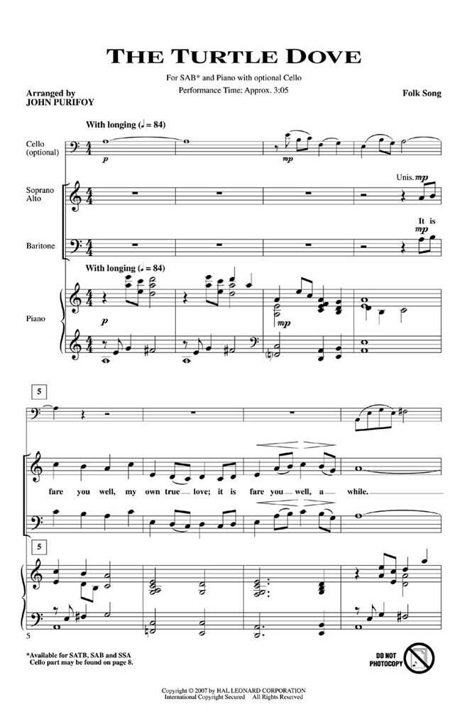 The Turtle Dove: (Arr. John Purifoy): Chœur Mixte et Piano/Orgue