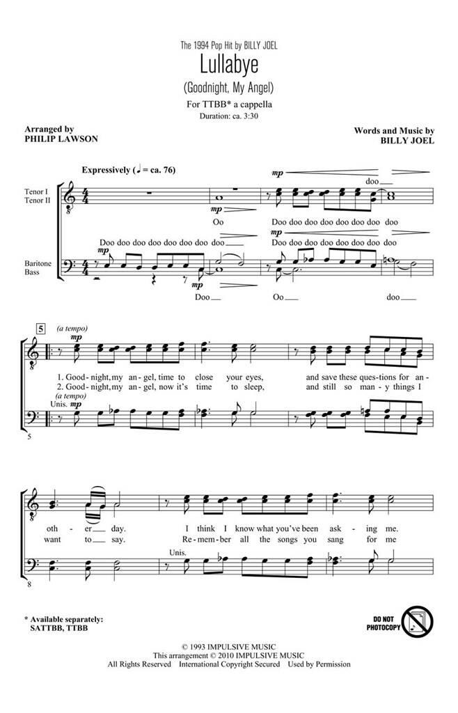Billy Joel: Lullabye (Goodnight, My Angel): (Arr. Philip Lawson): Voix Basses et Accomp.