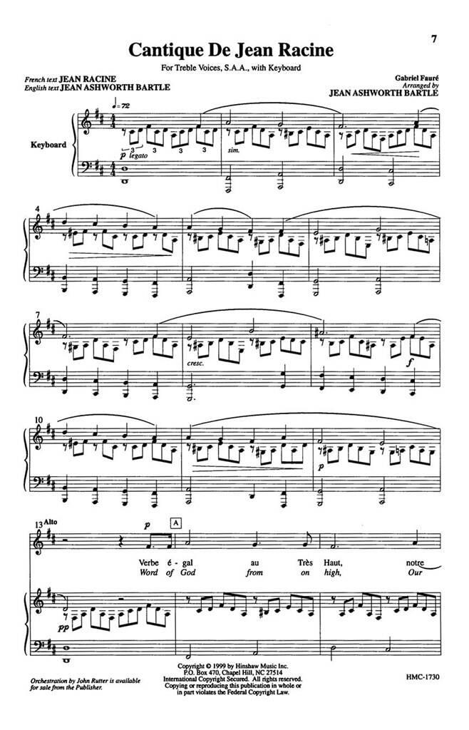 Gabriel Fauré: Cantique De Jean Racine: (Arr. Jean Bartle): Voix Hautes et Piano/Orgue
