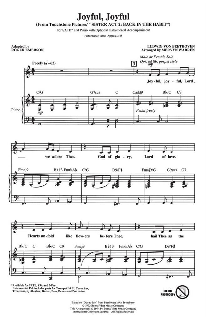 Ludwig van Beethoven: Joyful, Joyful: (Arr. Mervyn Warren): Chœur Mixte et Accomp.