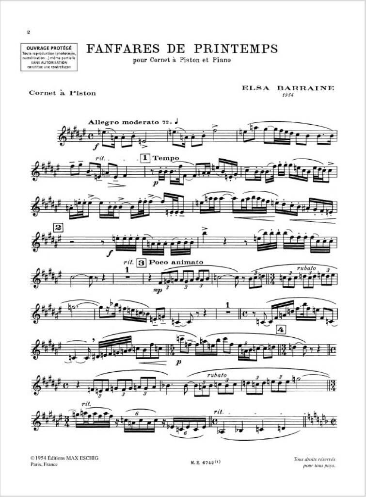 Elsa Barraine: Fanfares De Printemps Trp-Piano (Cornet Sib Ou La: Solo de Trompette