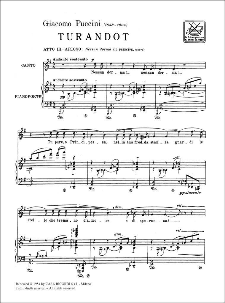 Giacomo Puccini: Nessun Dorma (dall'opera Turandot): Chant et Piano