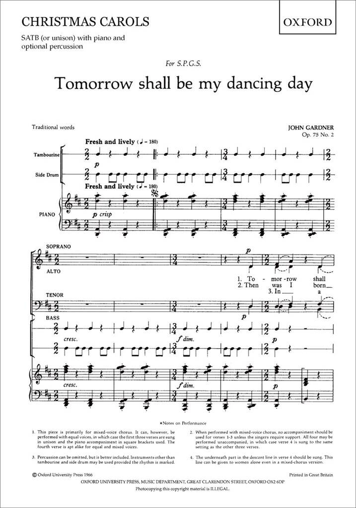 John Gardner: Tomorrow Shall Be My Dancing Day: Chœur Mixte et Piano/Orgue