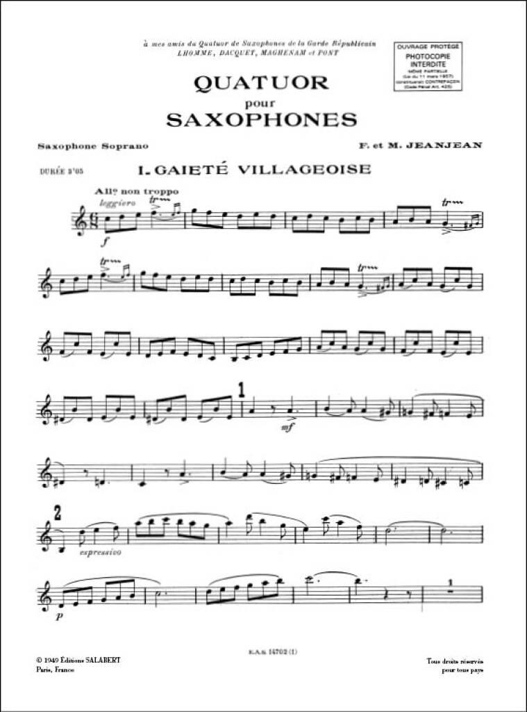F. Jeanjean: Quatuor Pour Saxophones Partition Et Parties: Saxophones (Ensemble)