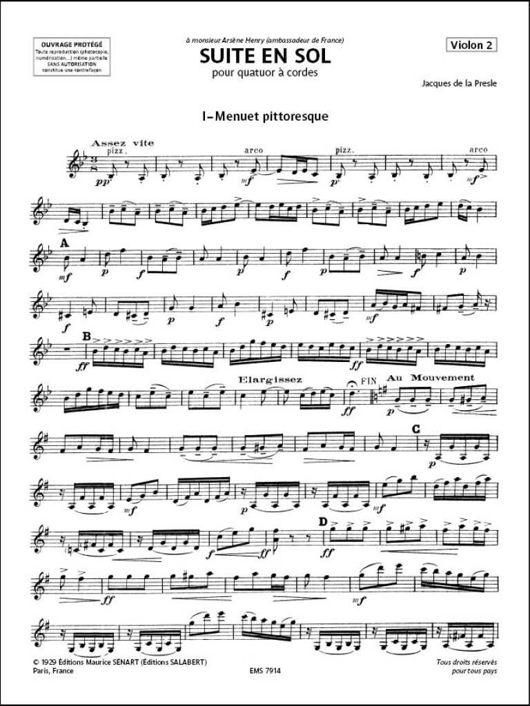 Jacques de la Presle: Suite En Sol 2 Violons Alto Et Vlc Materiel: Quatuor à Cordes