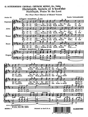 Louis Lewandowski: Hallelujah Praise Ye The Lord English Hebrew Org.: Chœur Mixte et Piano/Orgue