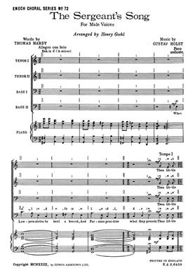 Gustav Holst: The Sergeants Song: Voix Basses et Piano/Orgue